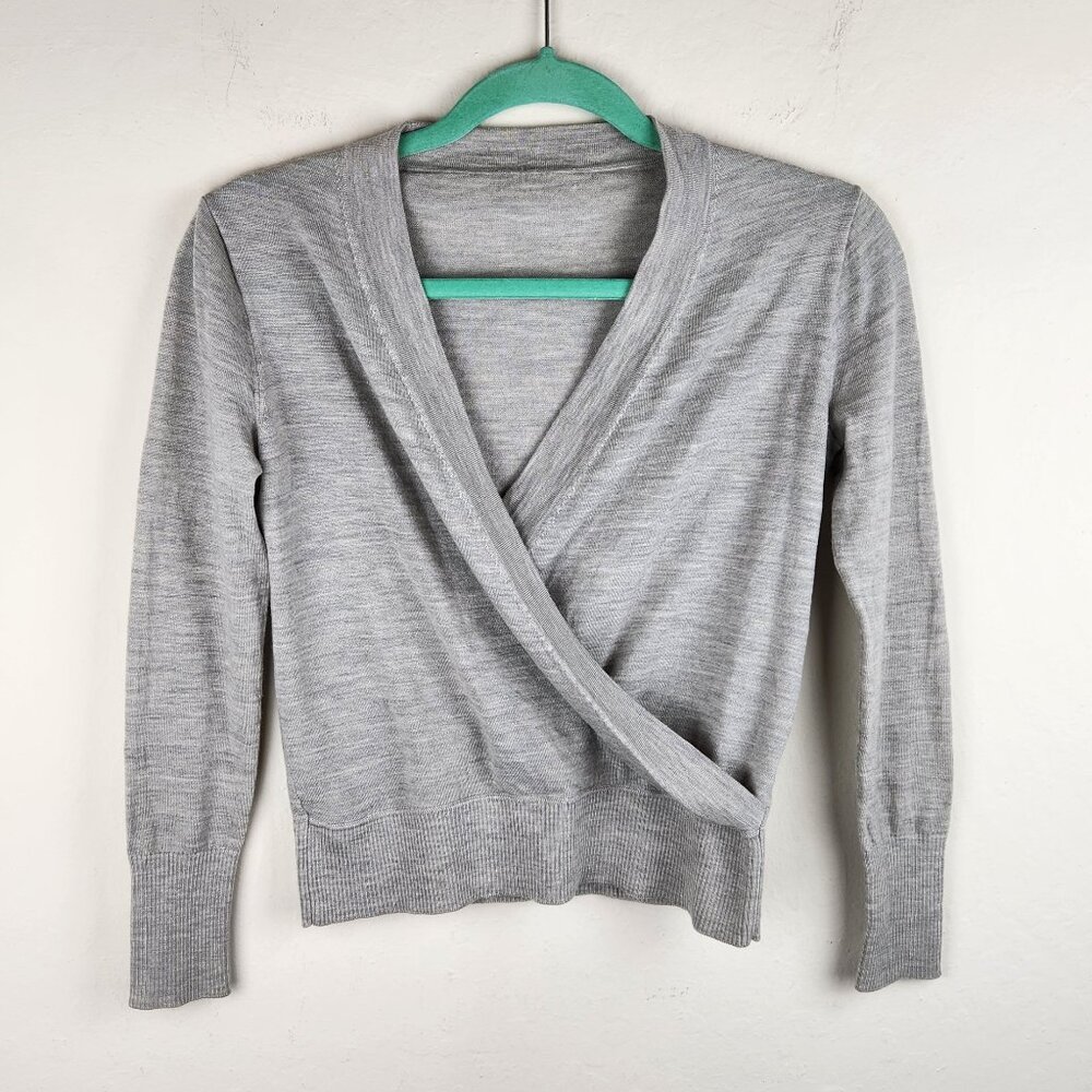 J. Crew Merino Wool Surplice Faux Wrap Sweater Heather Gray sz XS? flaw